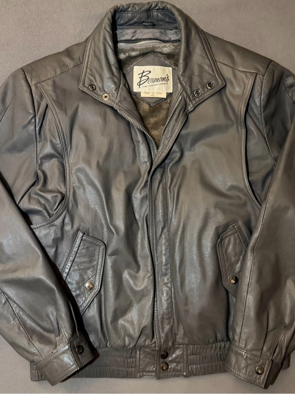 Berman's - Vintage - Gray Leather Bomber Jacket - Size 42 - READ DESRIPTION